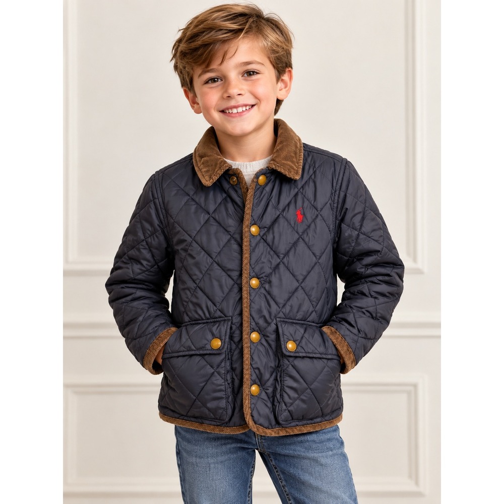 Polo Ralph Lauren Kids Navy Blue Quilted Barn Jacket Corduroy Trim Size M 10-12